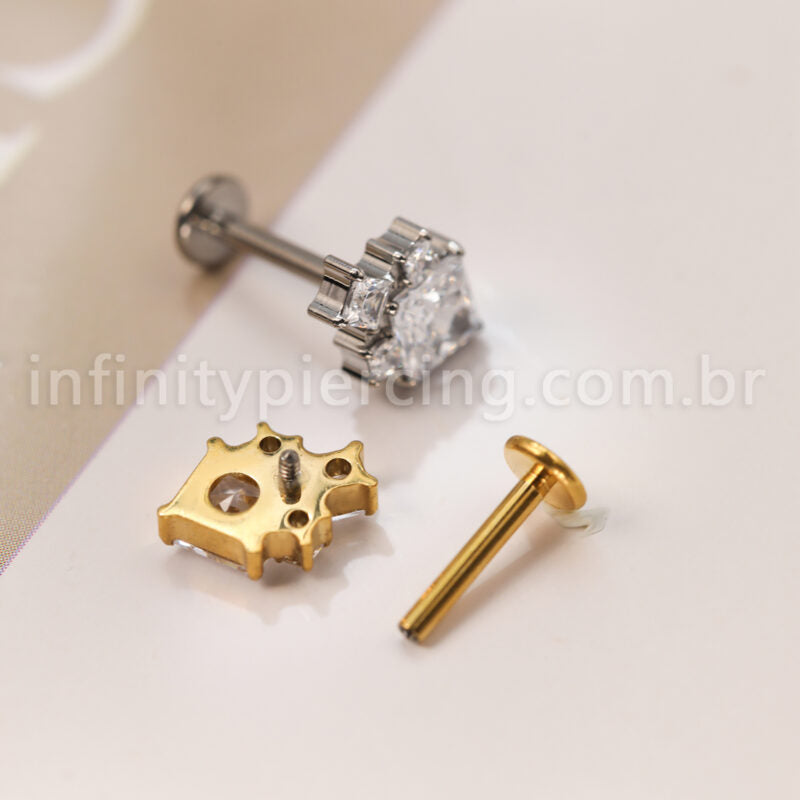 Piercing Labret Titânio 4 Pedras Zircônia Cravejada