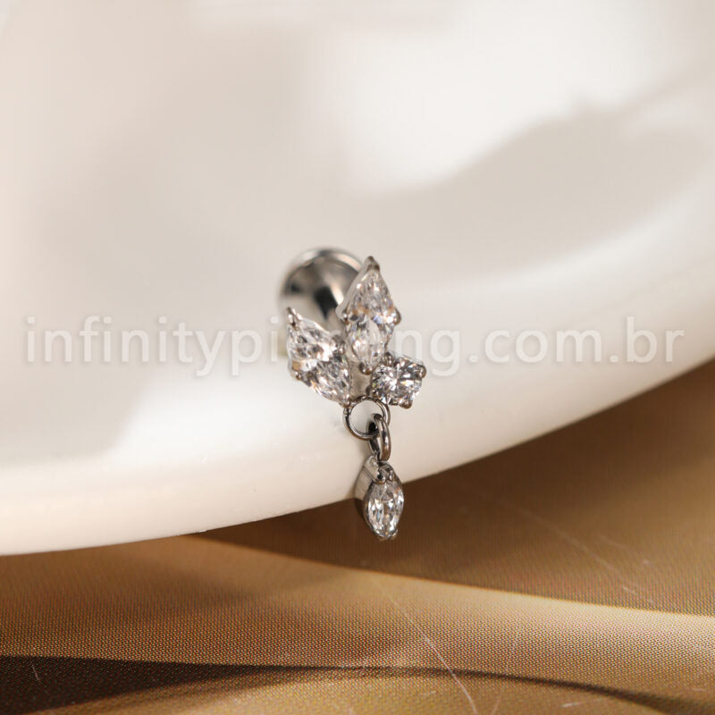 Piercing Labret Titânio 3 Pedras Zircónia Cravejada Com Pingente