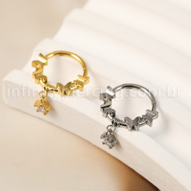 Piercing Argola Titânio Segmento Articulado Borboletas Com Pingente Estrela