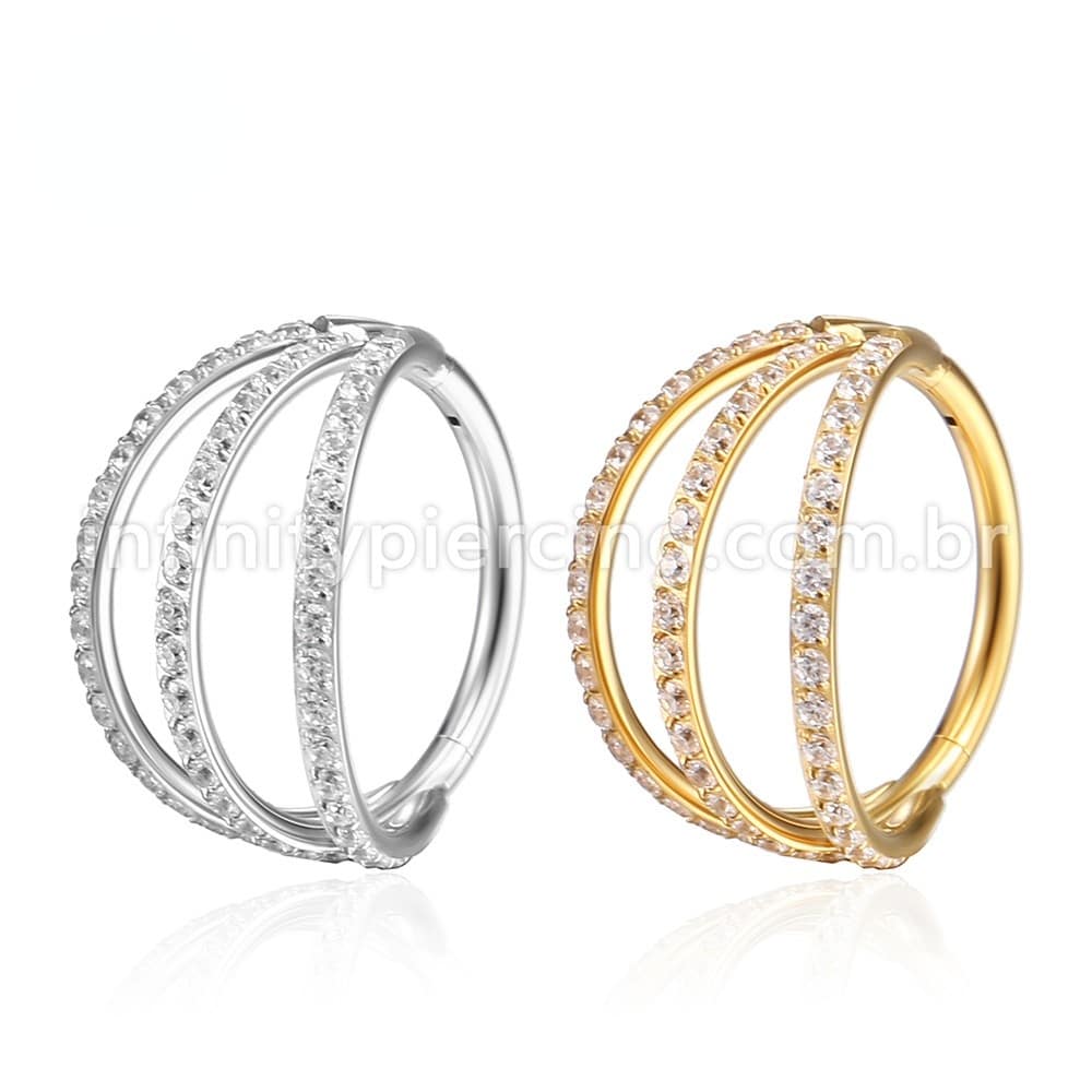 Piercing Argola Segmento Articulado Aço Cirurgico Zircôrnia 3 Fileiras Vazadas
