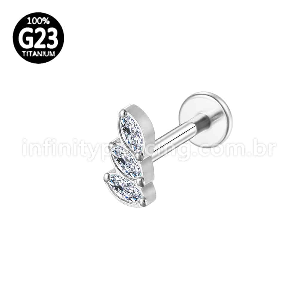 Piercing Labret Titânio 3 Pedras Zircônia Cravejada