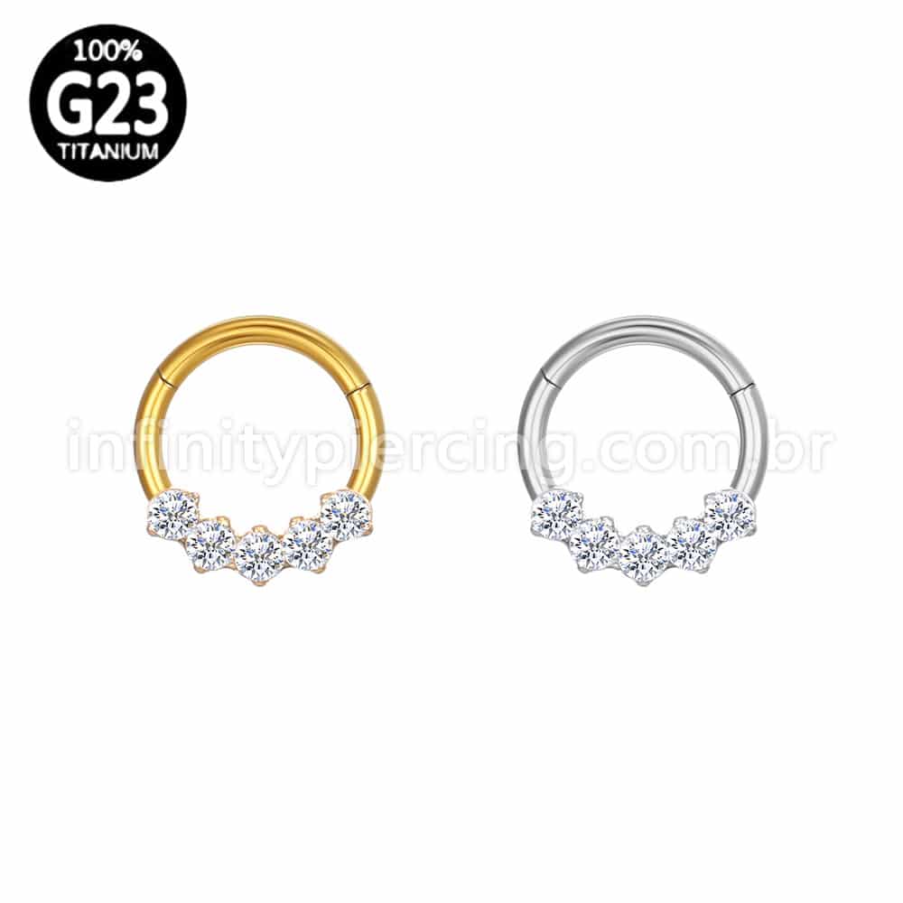 Piercing Argola Titânio 5 Pedras Zircônia Cravejada