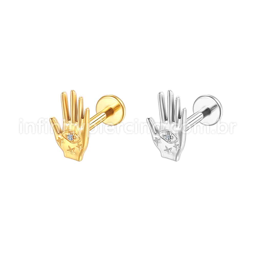Piercing Labret Aço Cirúrgico Mão Com Zircônia