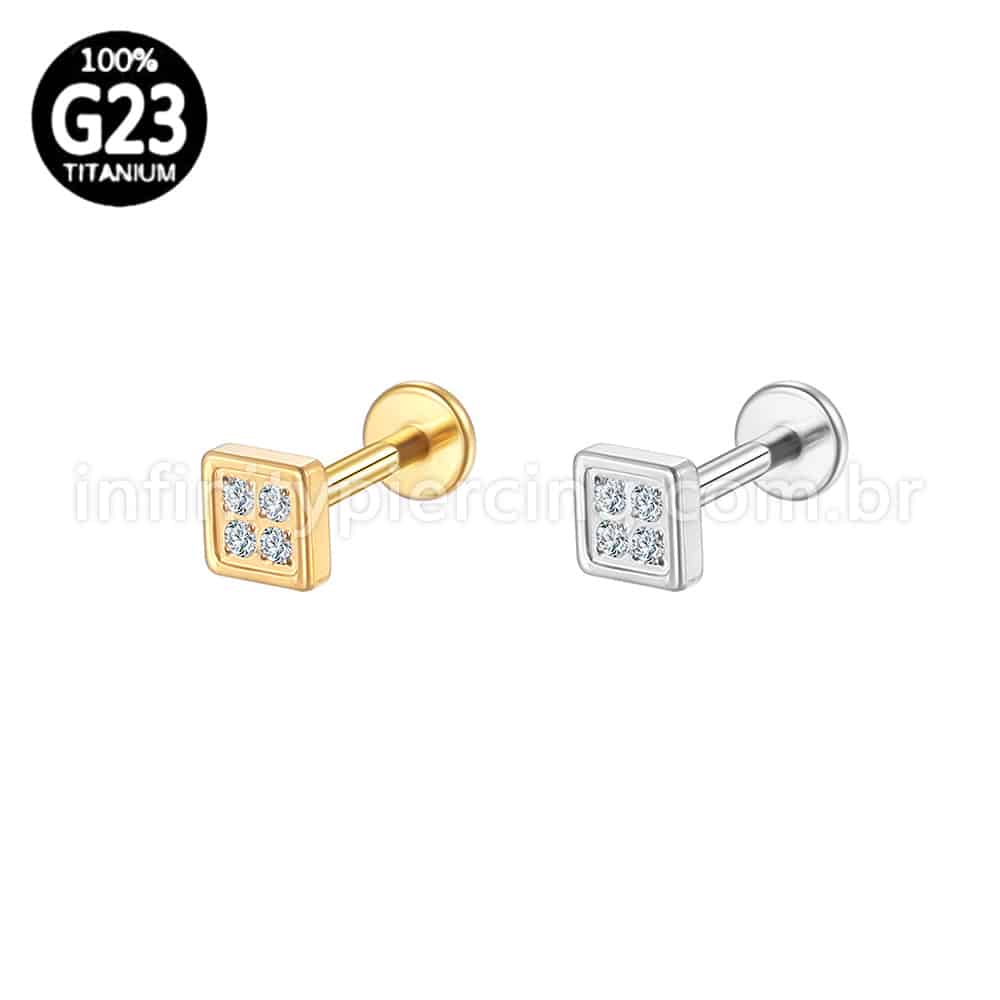 Piercing Labret Titânio Quadrado Com 4 Mini Zircônia