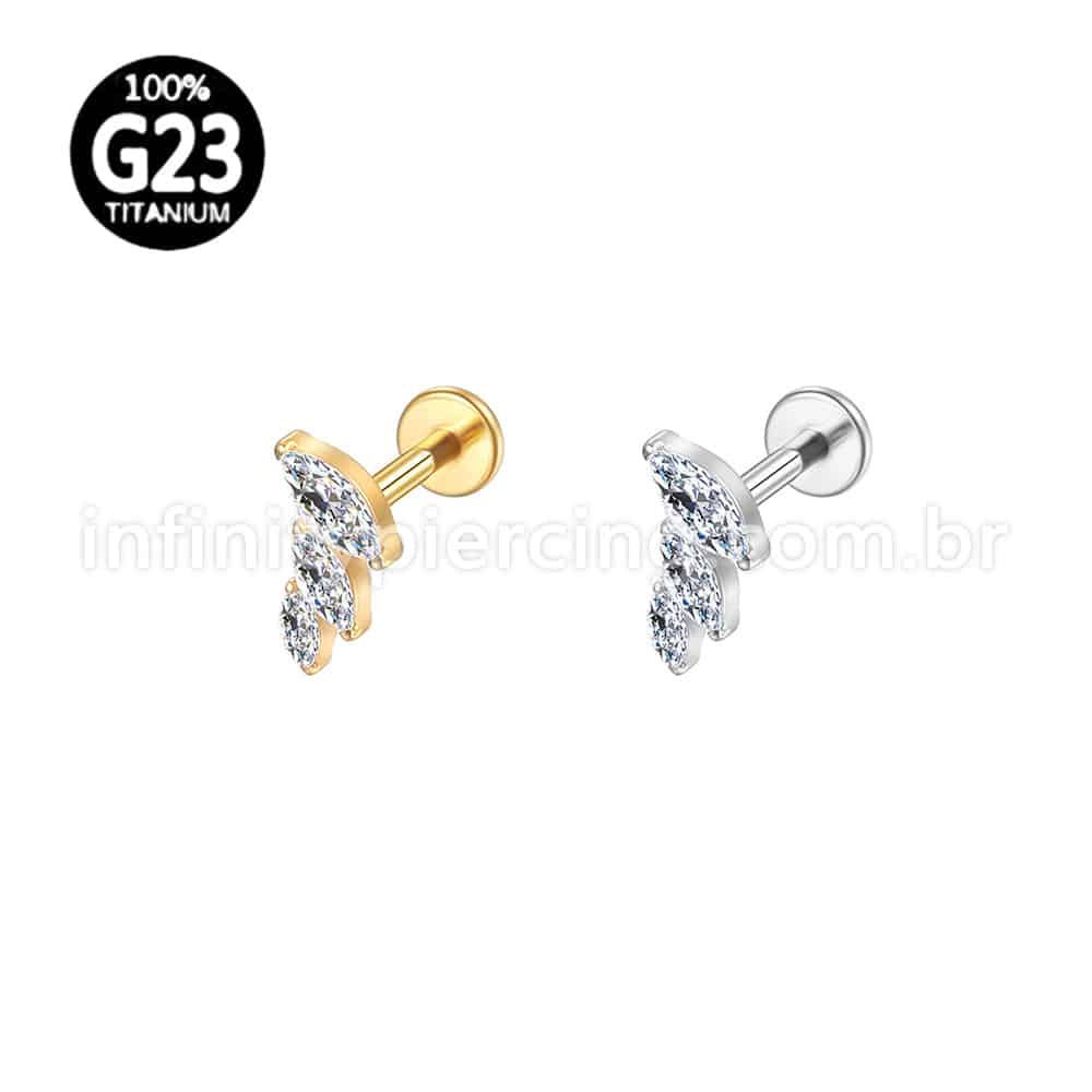 Piercing Labret Titânio Trio Zircônias Oval Cravejadas