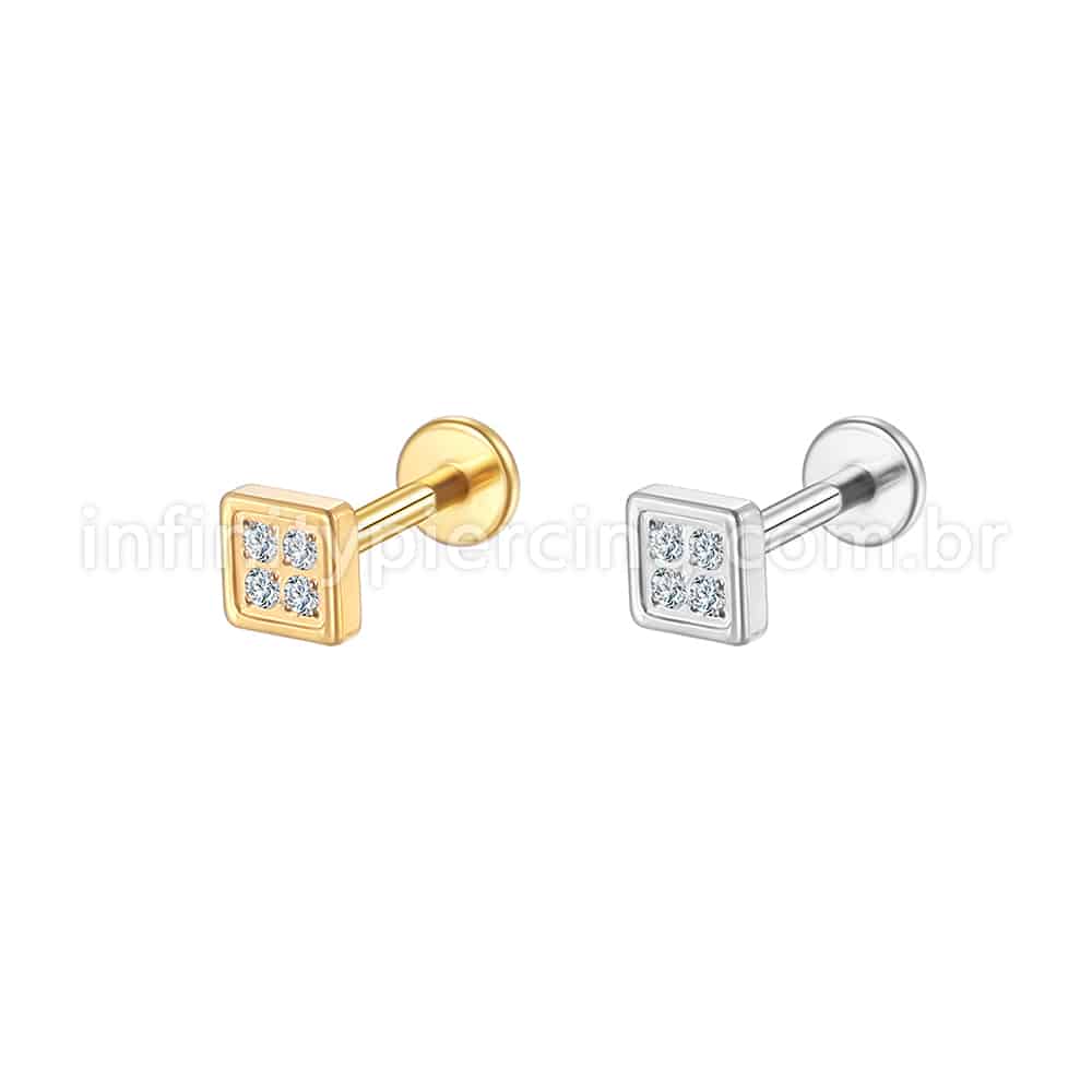 Piercing Labret Aço Cirúrgico Quadrado 4 Zircônias