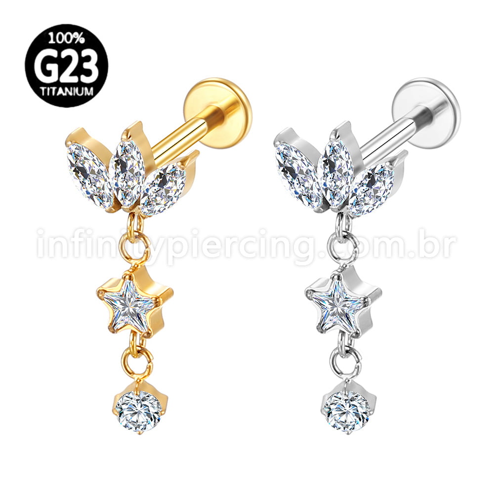 Piercing Labret Titânio Flor Zircônia Cravejada Com Pingente
