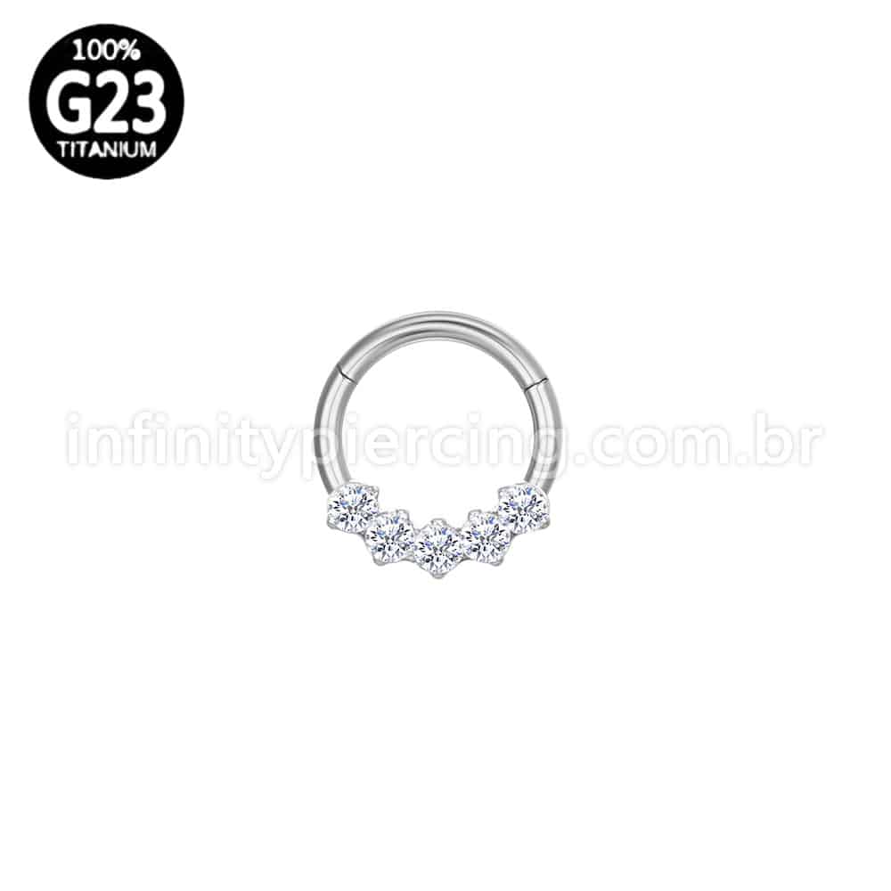 Piercing Argola Titânio 5 Pedras Zircônia Cravejada