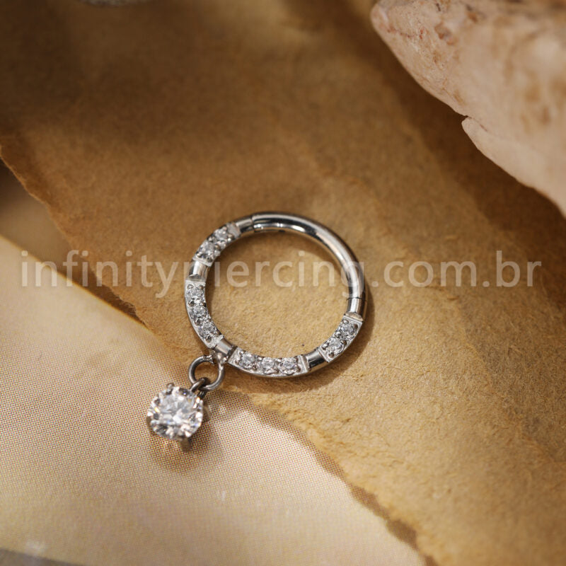 Piercing Argola Titânio Segmento Articulado Zircônia Cravejada Frontal Com Pingente