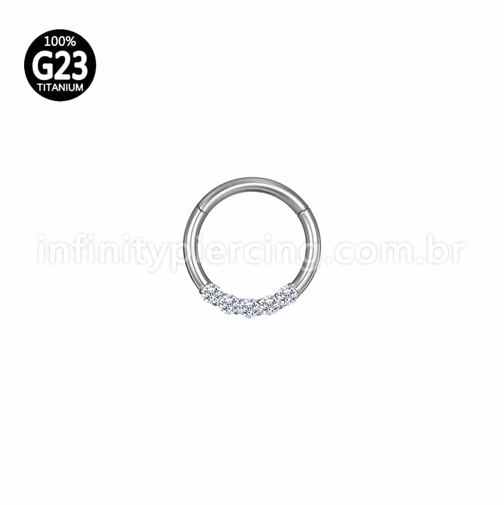 Piercing Argola Titânio Segmento Articulado 5 Pedras Zircônia