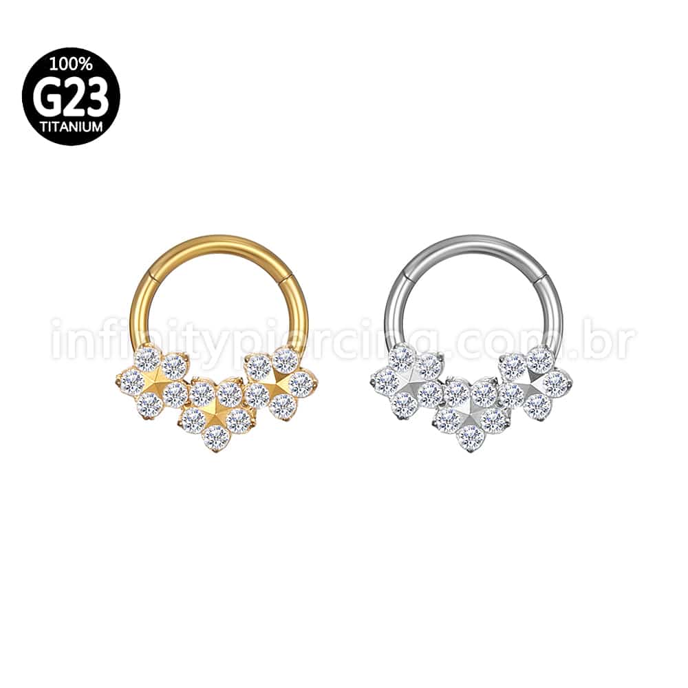 Piercing Argola Titânio Segmento Articulado 3 Flores Zircônia Cravejada