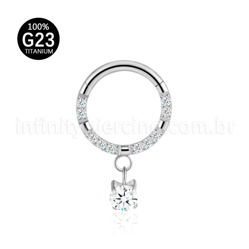 Piercing Argola Titânio Segmento Articulado Zircônia Cravejada Frontal Com Pingente