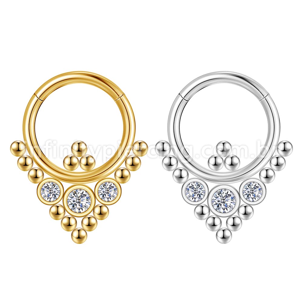 Piercing Argola Aço Cirúrgico Segmento Articulado 3 Pedras Zircônia