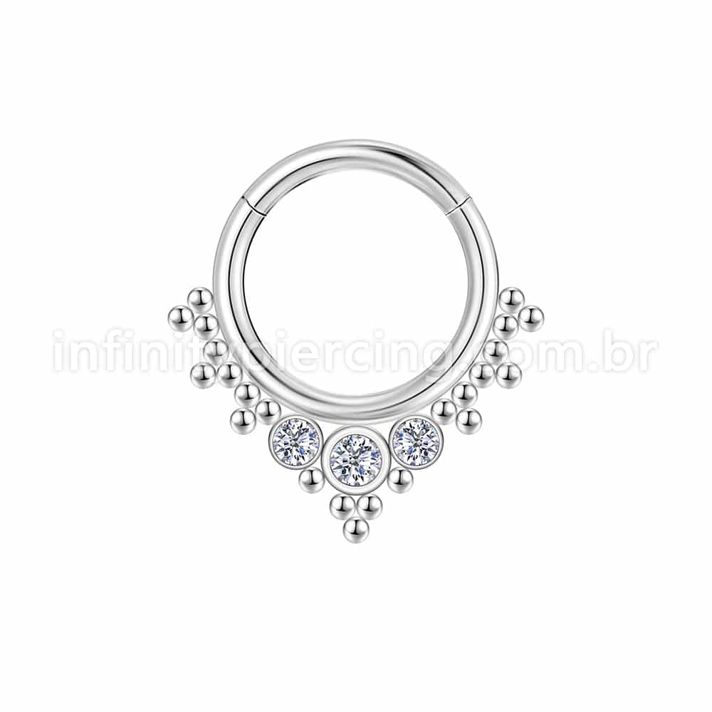 Piercing Argola Aço cirúrgico Segmento Articulado 3 Pedras Zircônia