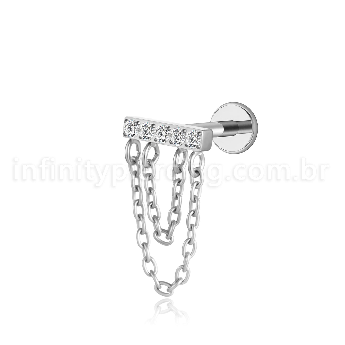 Piercing Labret Aço Cirúrgico Barra Com Correntes Zircônia