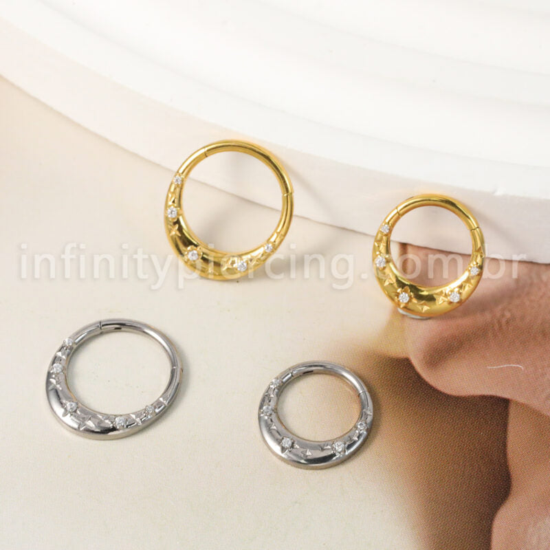 Piercing Argola Titânio Segmento Articulado Zircônia Detalhes Estrelas
