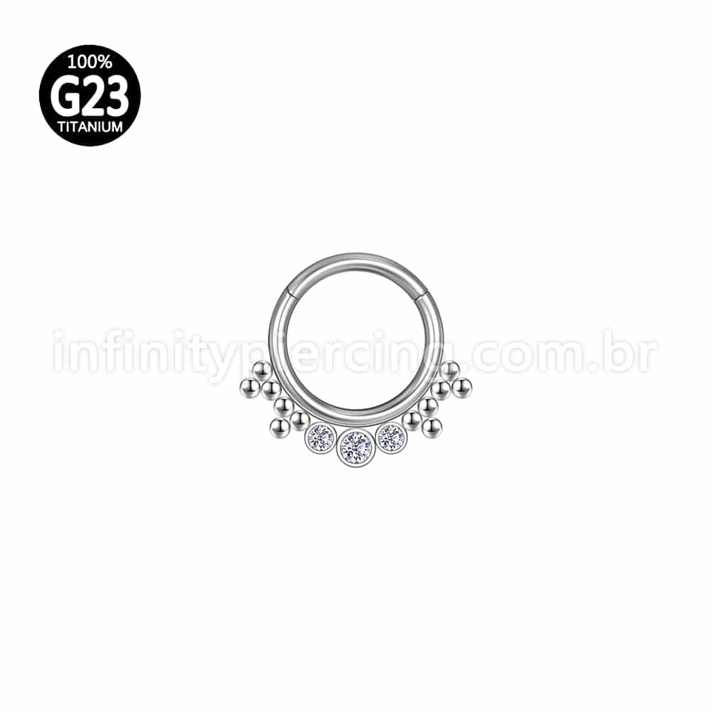 Piercing Argola Titânio Segmento Articulado Indiano 3 Zircônias Cravejadas