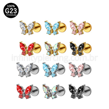 Piercing Labret Titânio Borboleta Zircônia Cravejada