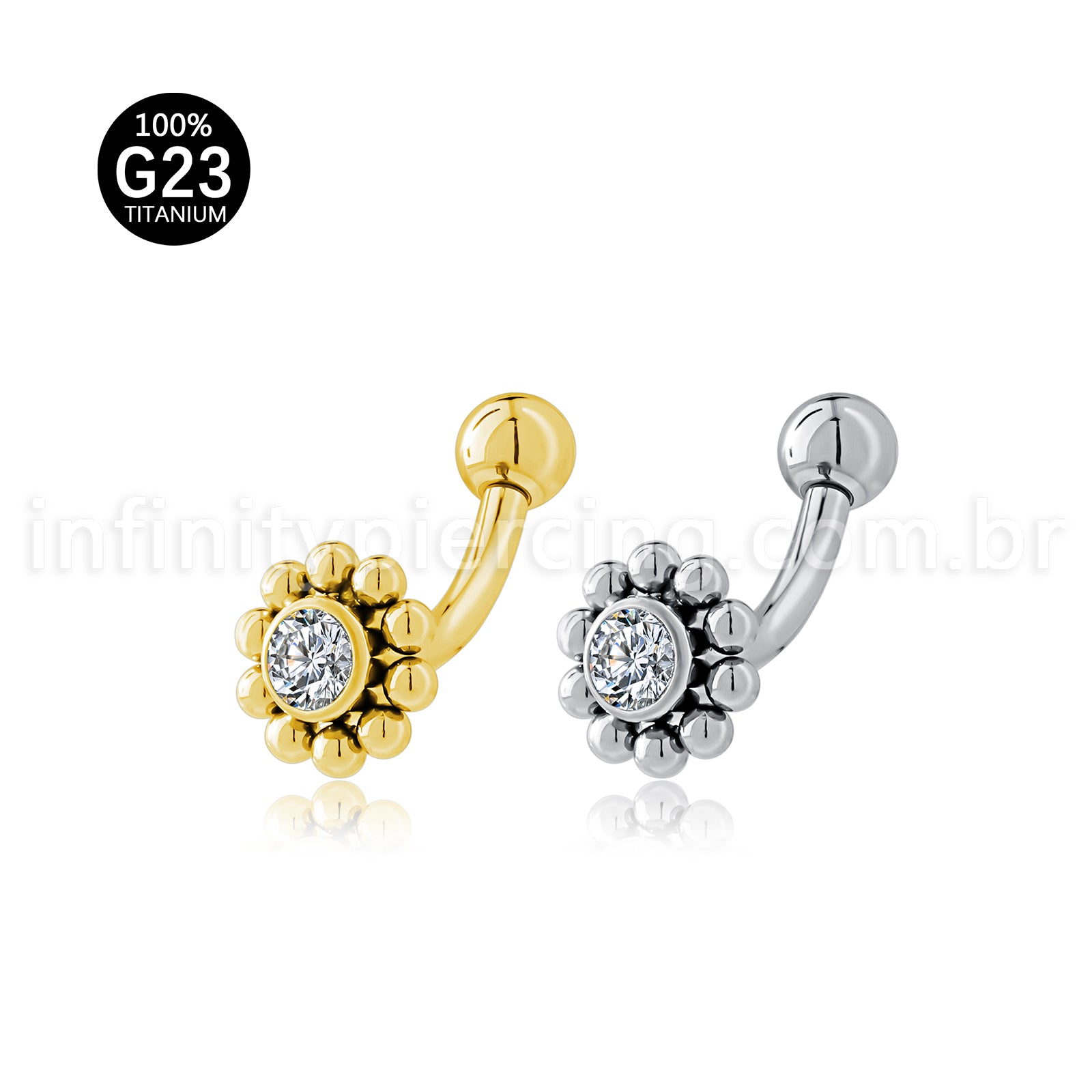 Piercing Minibarbell Curvo Titânio Flor/Zircônia Cravada