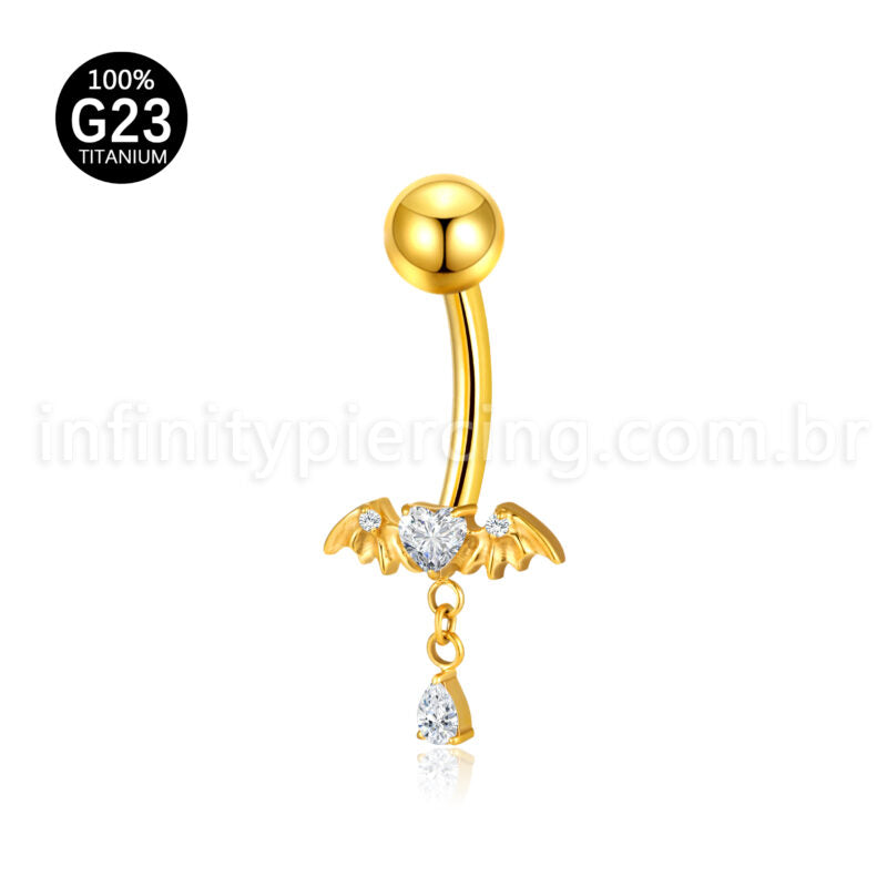 Piercing Banana Titânio Coração Zircônia Com Asas De Morcego