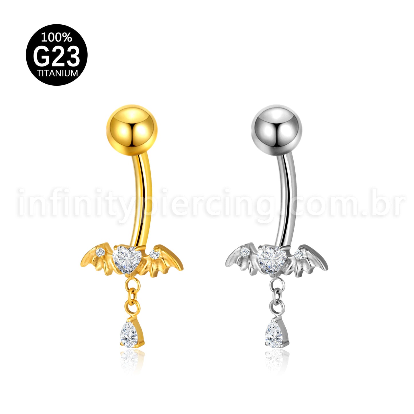 Piercing Banana Titânio Coração Zircônia Com Asas De Morcego