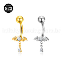 Piercing Banana Titânio Coração Zircônia Com Asas De Morcego