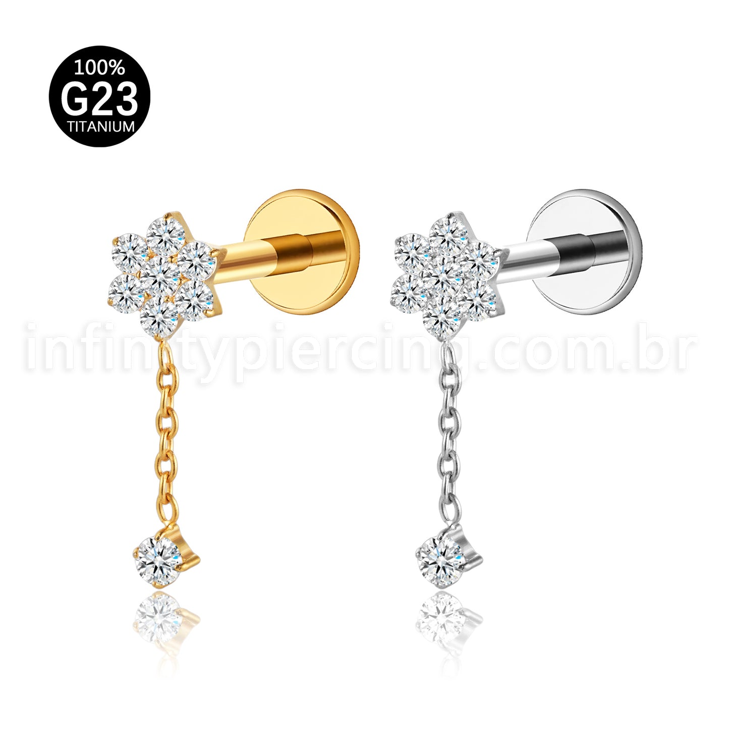 Piercing Labret Flor Titânio Corrente Zircônia
