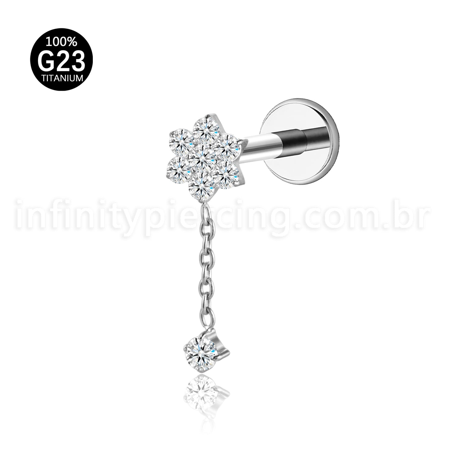 Piercing Labret Flor Titânio Corrente Zircônia