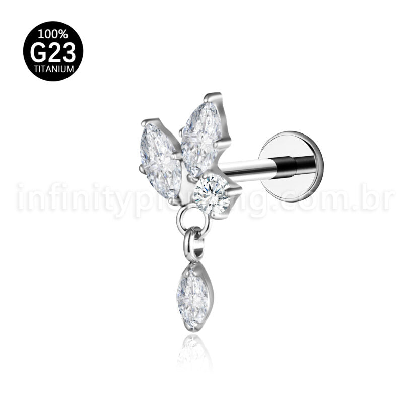 Piercing Labret Titânio 3 Pedras Zircónia Cravejada Com Pingente