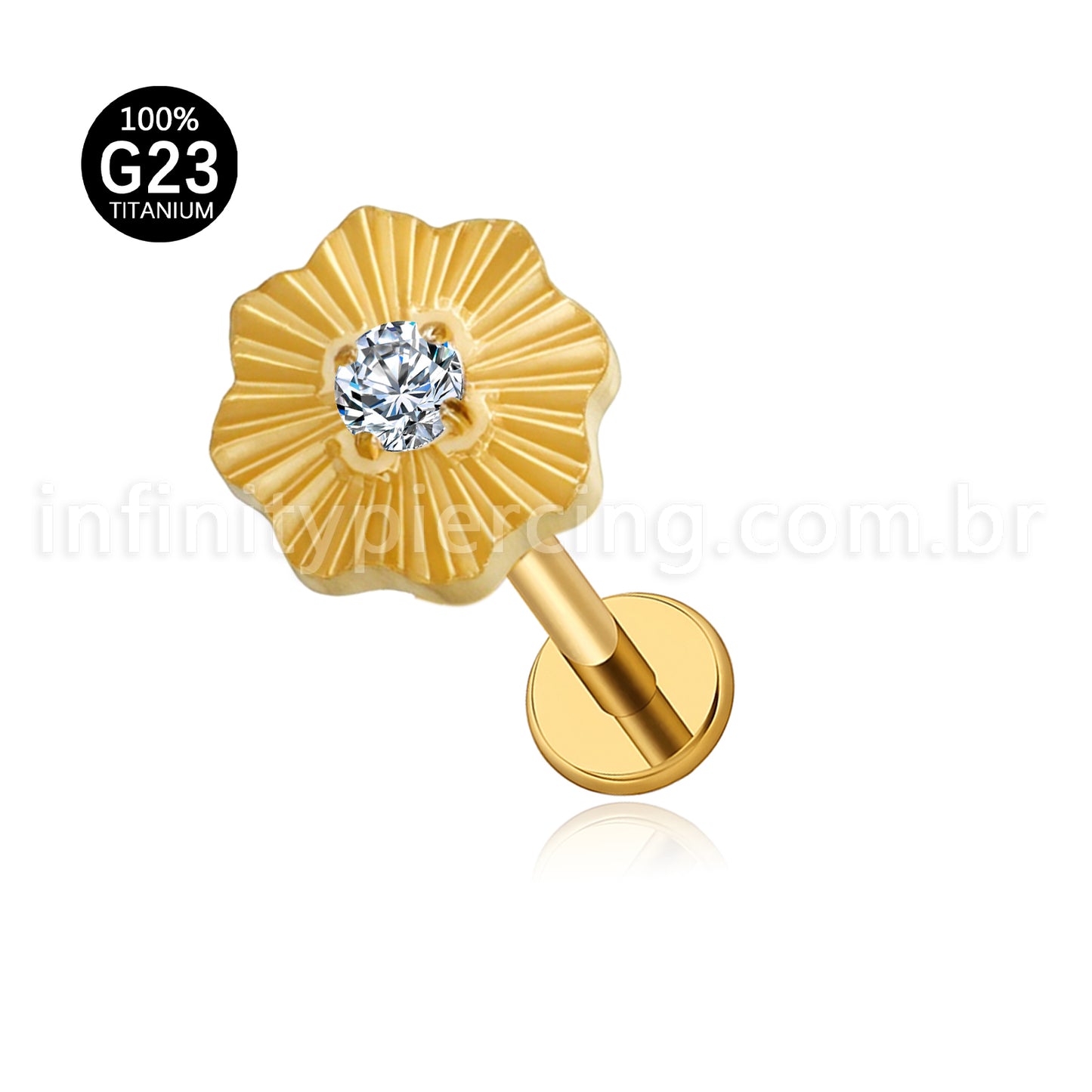 Piercing Labret Titânio Flor Detalhada Com Zircônia Cravejada
