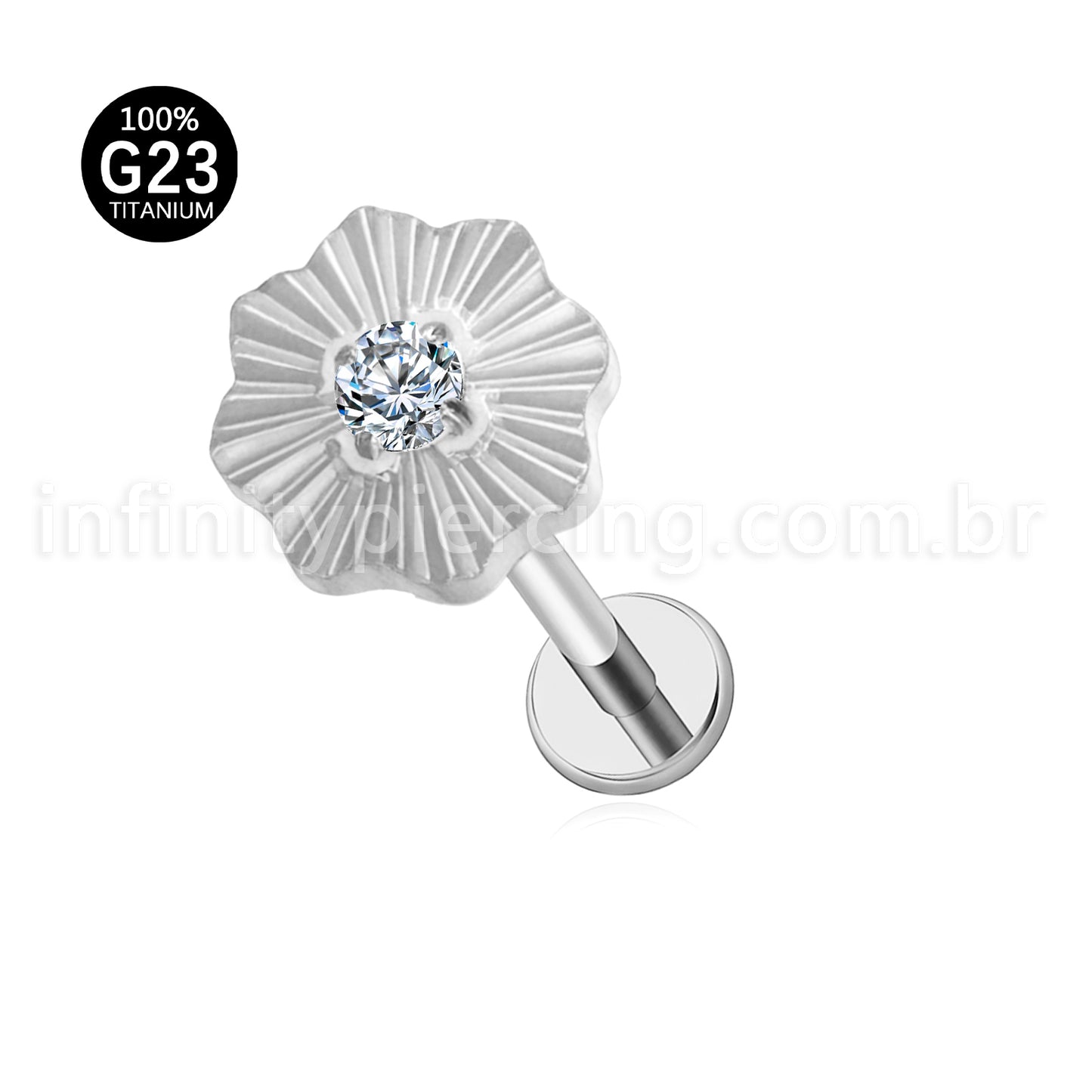 Piercing Labret Titânio Flor Detalhada Com Zircônia Cravejada