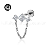 Piercing Labret Titânio Quadrado 3 Zircônias Com Corrente