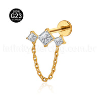 Piercing Labret Titânio Quadrado 3 Zircônias Com Corrente