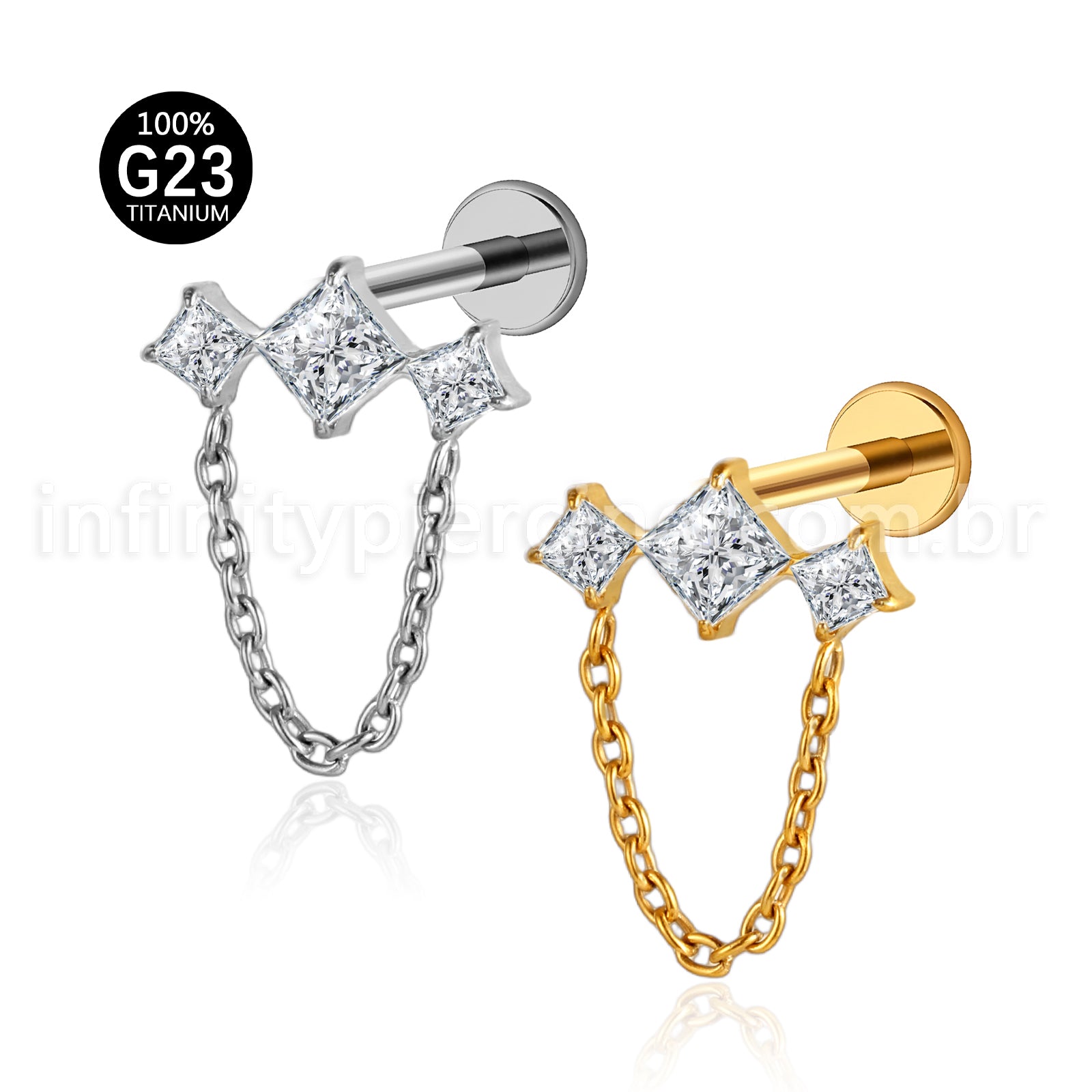 Piercing Labret Titânio Quadrado 3 Zircônias Com Corrente