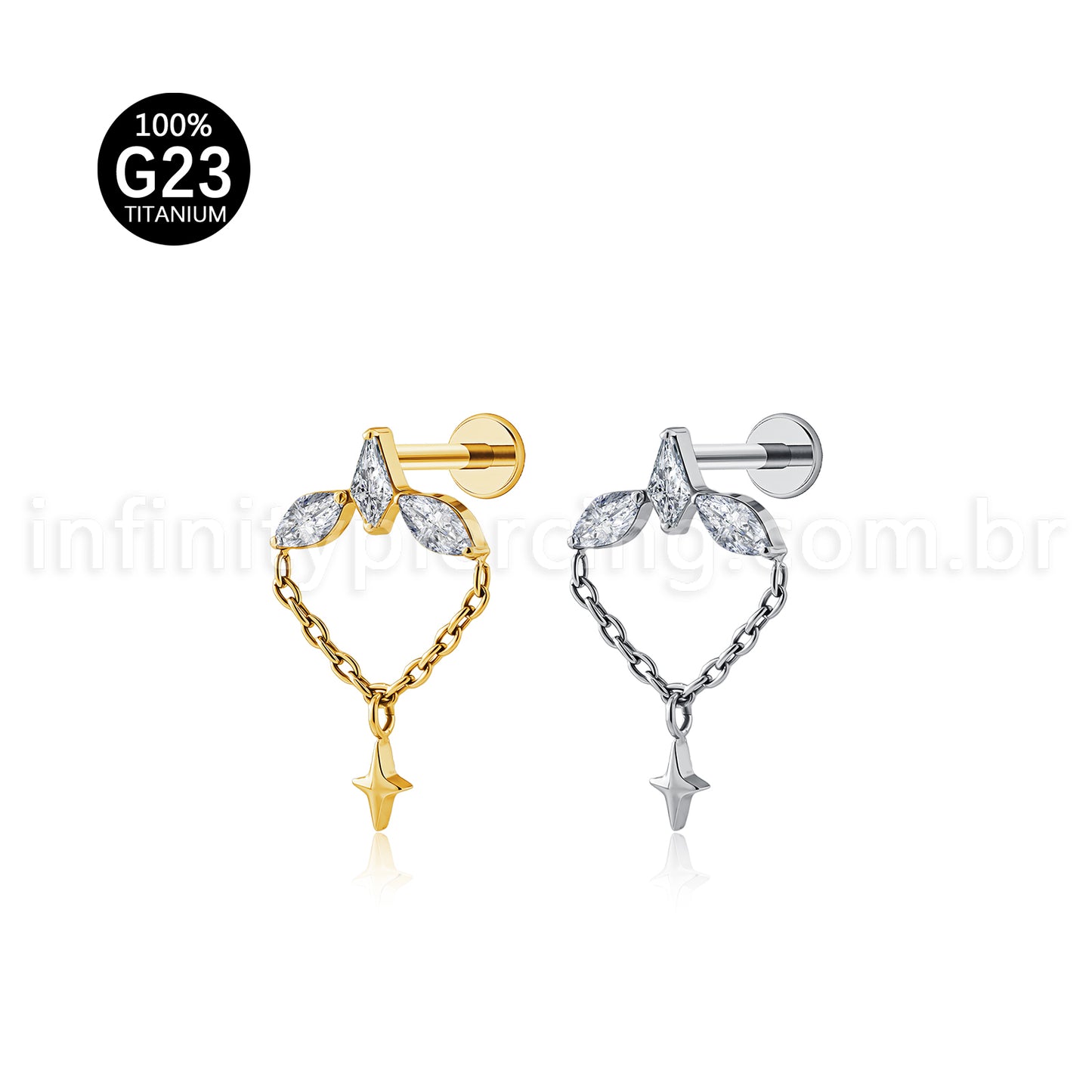 Piercing Labret Titânio Zircônia Cravejada Com Detalhes Corrente