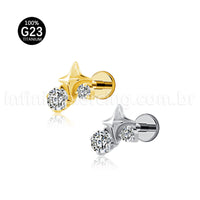 Piercing Labret Titânio Estrela 4 Pontas Com Zircônia Cravejada