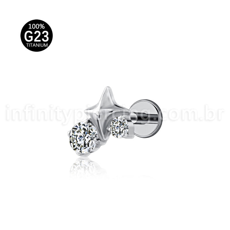 Piercing Labret Titânio Estrela 4 Pontas Com Zircônia Cravejada