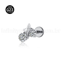 Piercing Labret Titânio Estrela 4 Pontas Com Zircônia Cravejada