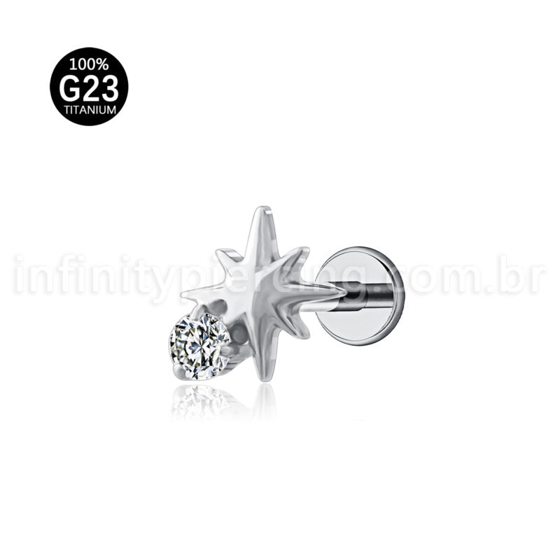 Piercing Labret Titânio Estrela Detalhe Zircônia Cravejada