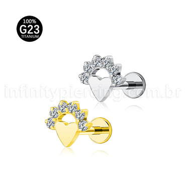 Piercing Labret Titânio Coração Com Zircônia Cravejada