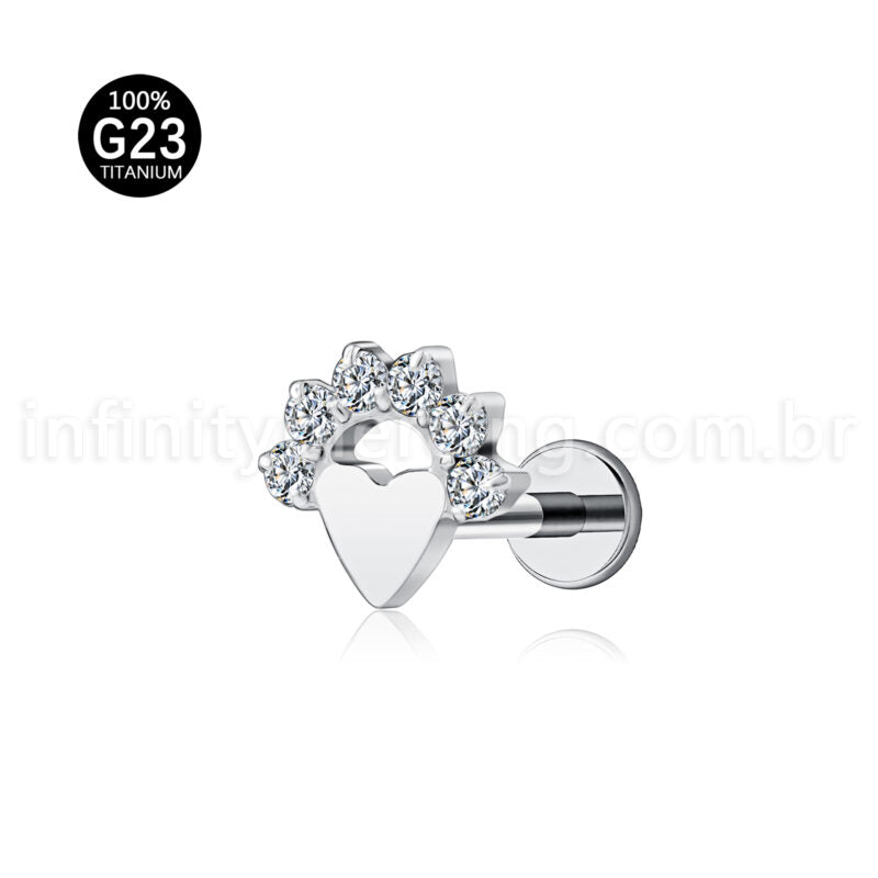 Piercing Labret Titânio Coração Com Zircônia Cravejada