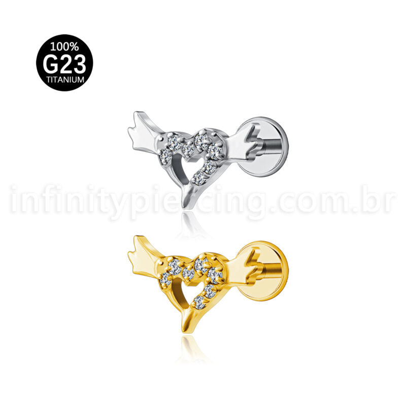 Piercing Labret Titânio Coração Com Asas Zircônia Cravejada