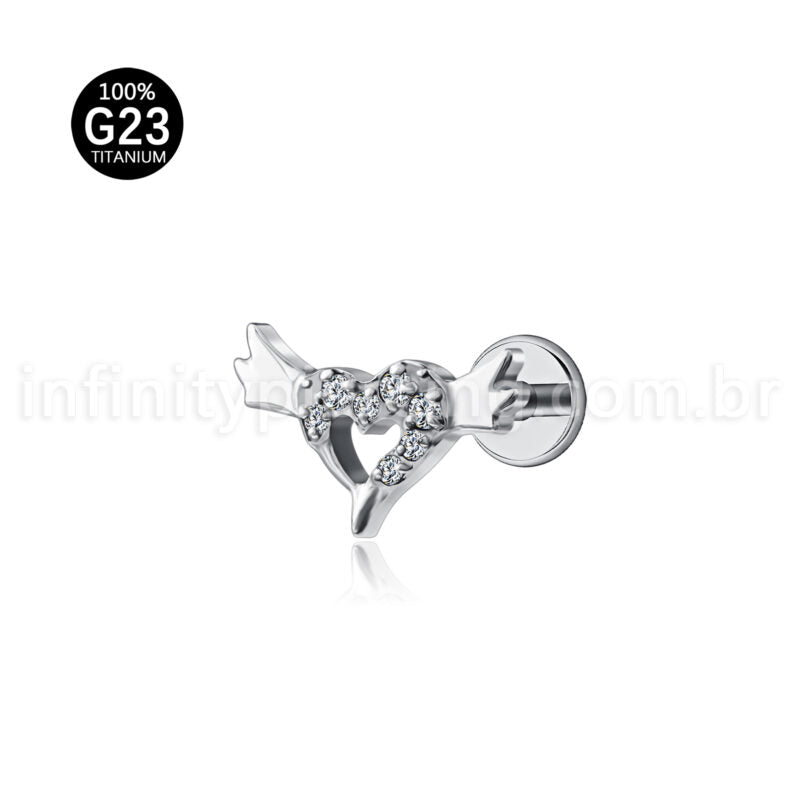 Piercing Labret Titânio Coração Com Asas Zircônia Cravejada