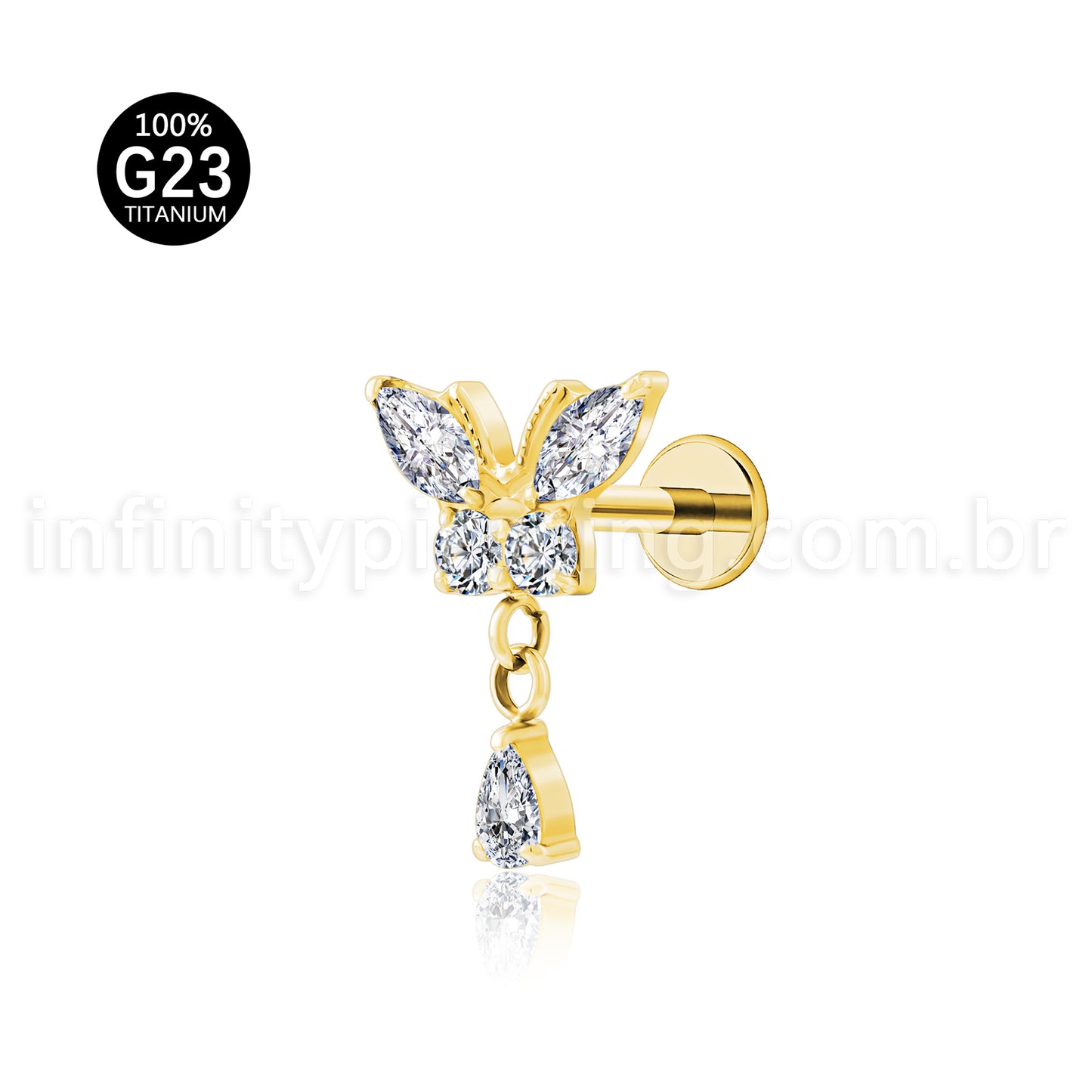 Piercing Labret Titânio Borboleta Zircônia Cravejada