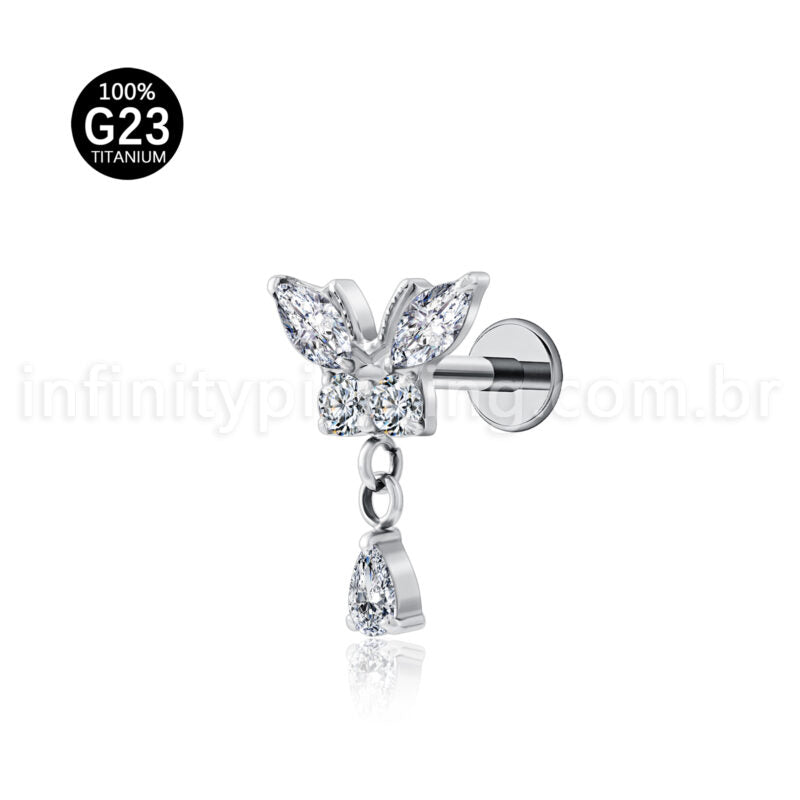 Piercing Labret Titânio Borboleta Zircônia Cravejada