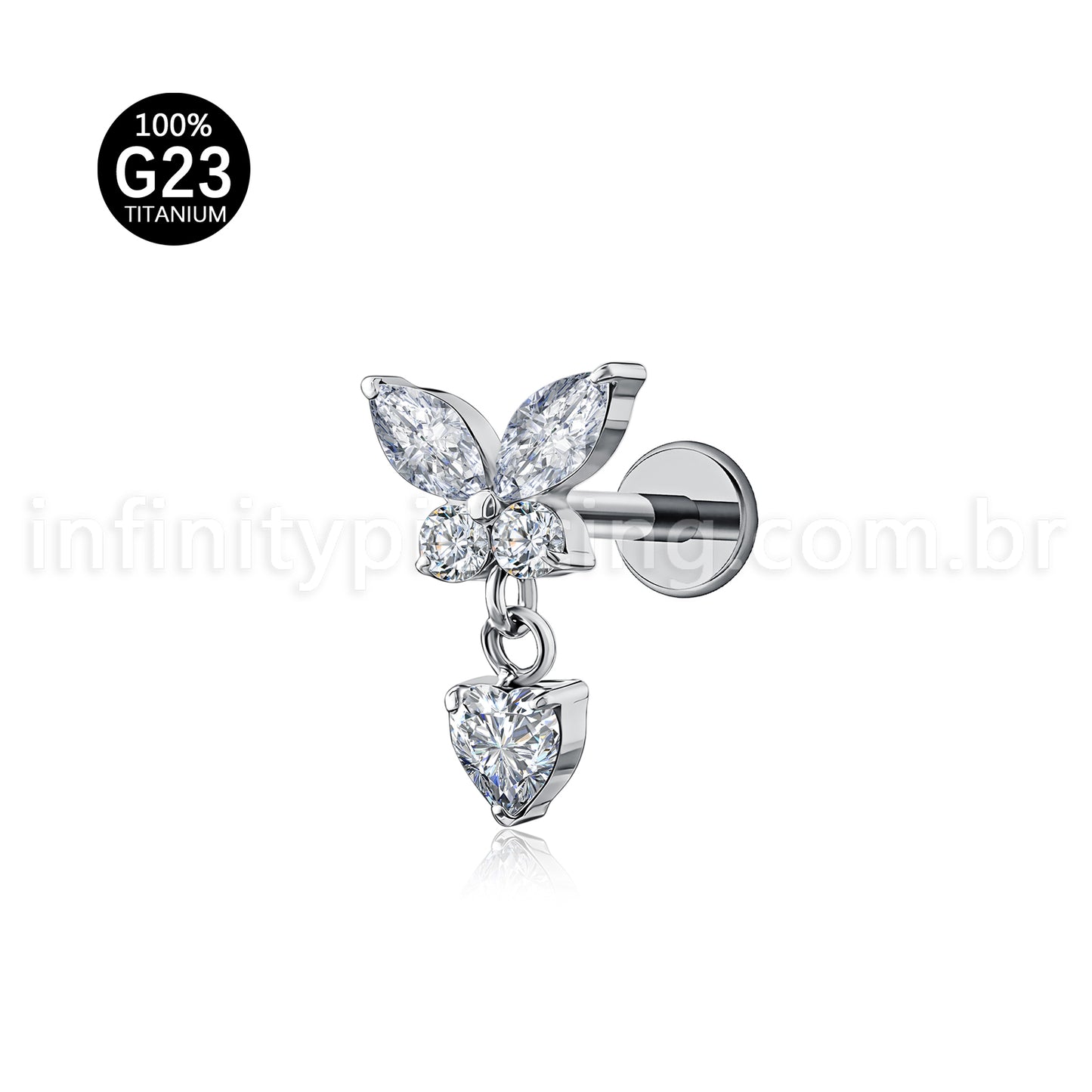 Piercing Labret Titânio Borboleta Com Pingente Coração