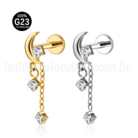Piercing Labret Titânio Lua Com Correntes Zircônias