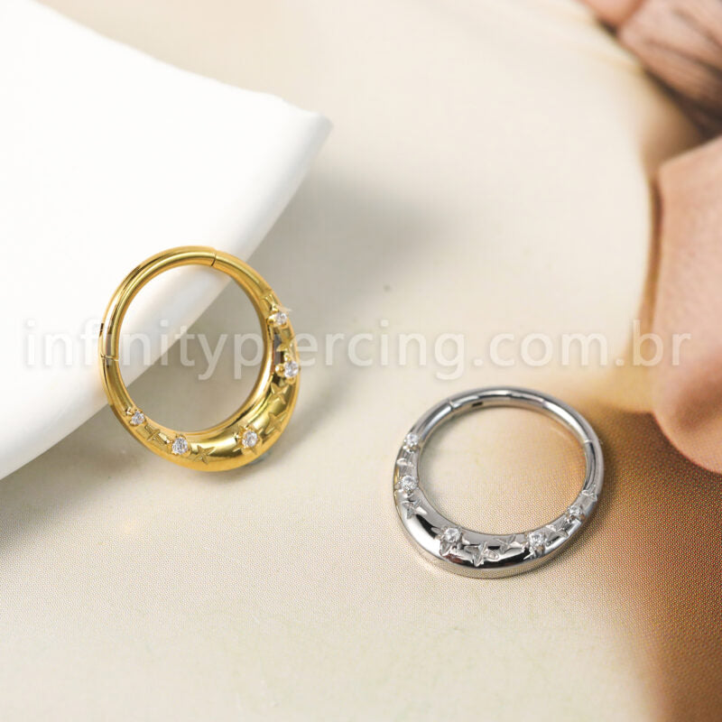 Piercing Argola Titânio Segmento Articulado Zircônia Detalhes Estrelas