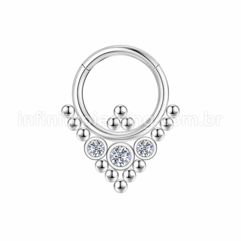Piercing Argola Aço Cirúrgico Segmento Articulado 3 Pedras Zircônia
