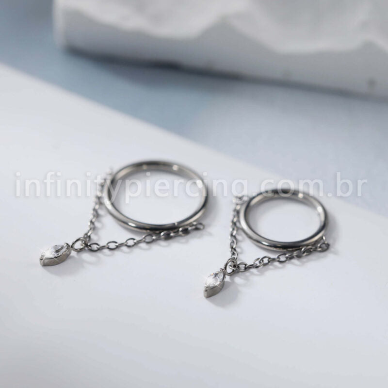 Piercing Argola Titânio Corrente Com Pingente Oval